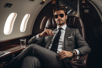 Business person in elegant suit seats in own private business jet.