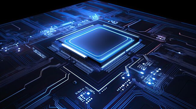 Illuminated CPU chip on a motherboard with futuristic blue circuitry. Concept of modern technology, computing, and electronics.