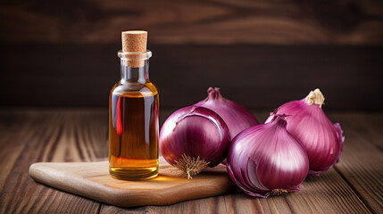 Obraz na płótnie Canvas bottle of onion essential oil on a wooden background