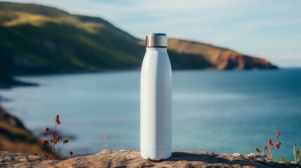 White stainless thermo bottle with sea in the background, copy space, 16:9 - obrazy, fototapety, plakaty