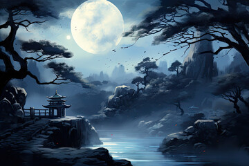 Enchanted Moonlit Asian Forest.,Calligraphy art style