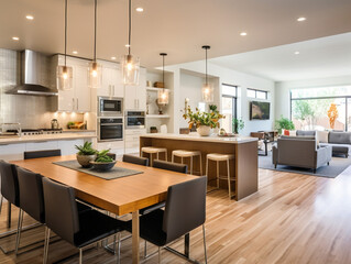 A modern and spacious kitchen and dining room with an open floor plan design.