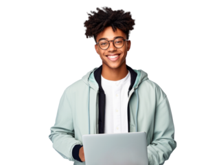 Cheerful young man with glasses holding a laptop, casual and approachable, on a white background. Generative AI