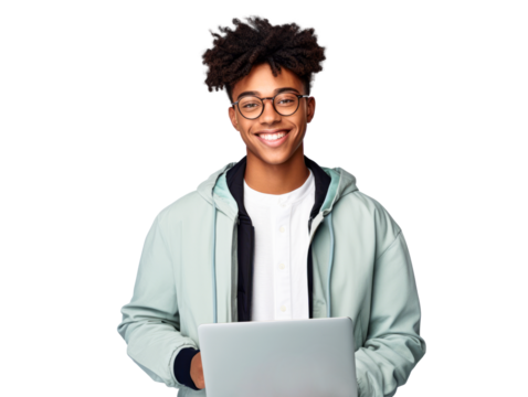 Cheerful young man with glasses holding a laptop, casual and approachable, on a white background. Generative AI