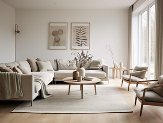 A stylish living room with modern Scandinavian design elements, featuring clean lines and minimalistic decor.