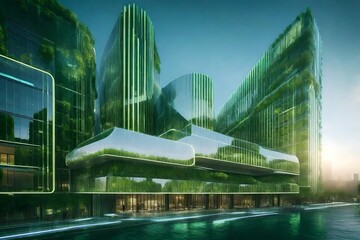**architecture ,environment and future with building in city for carbon footprint, eco friendly and futuristic, ai generated, glass and construction with house for green, ecology 