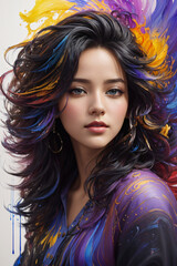 Fototapeta premium Colorful beautiful 18-years old girl with messy hair, oil painting. generative AI