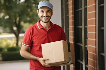 Portrait Of Courier With Delivering Box. Ecommerce, export and distribution service with male postman