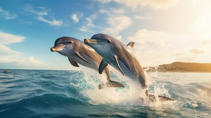 Dolphins jumping and spraying water in the Caribbean Sea, natural 
