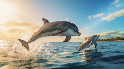 Foto auf Acrylglas Dolphins jumping and spraying water in the Caribbean Sea, natural  © CStock