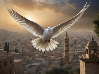 A concept of peace with a dove flying over the sky - obrazy, fototapety, plakaty