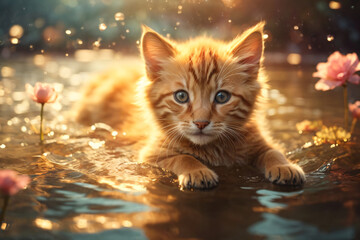 Little Kitten Gracefully Swimming in a Magical River with Warm Hues of a Setting Sun's Golden Glow. generative AI