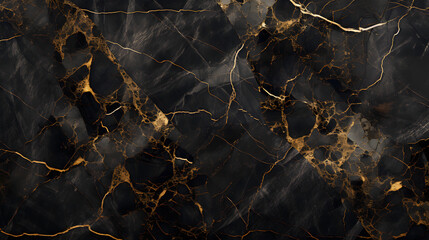 natural black Emperador marble texture with golden veins, black high gloss marble stone for interior exterior decoration design, black granite ceramic. Generative AI. - obrazy, fototapety, plakaty