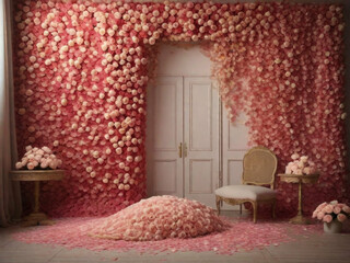 A wall covered in cascading rose petals, creating a visually stunning and romantic setting. This could be achieved through a creative photoshoot or digital manipulation.