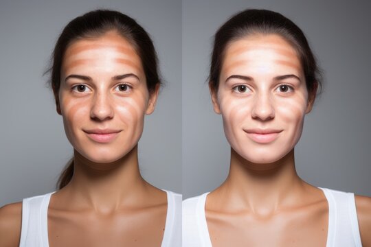 Woman before after tan spray with skintone lines