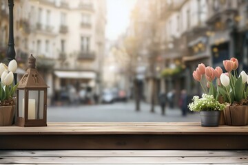 Beautiful blooms in rustic pots on a table with a sunny Paris street in soft focus, evoking a...