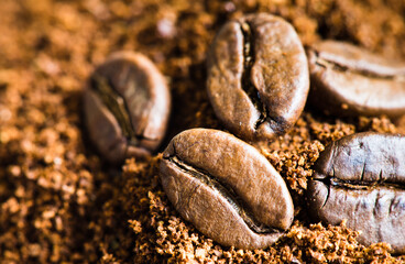 coffee beans and grind coffee, close up