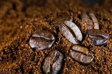 coffee beans and grind coffee, close up