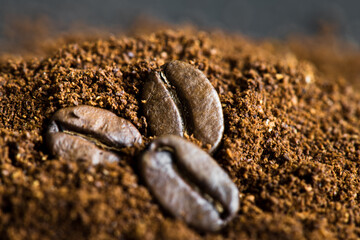 coffee beans and milled coffee, close up