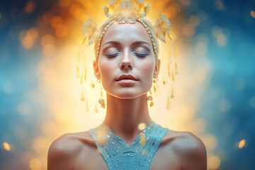 Woman meditating on a blue and gold background. Immersion in sleep, expansion of consciousness, cosmos, universe, self-knowledge, dreams
