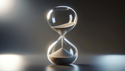 hourglass at its end, with the last few grains of sand falling through. - obrazy, fototapety, plakaty