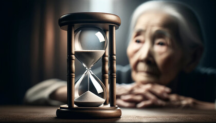 Old woman life with hourglass. The time is nearly over - obrazy, fototapety, plakaty
