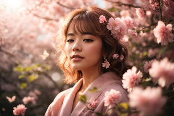 Fototapeta premium A beautiful girl with a pink sakura flower garden. generative AI