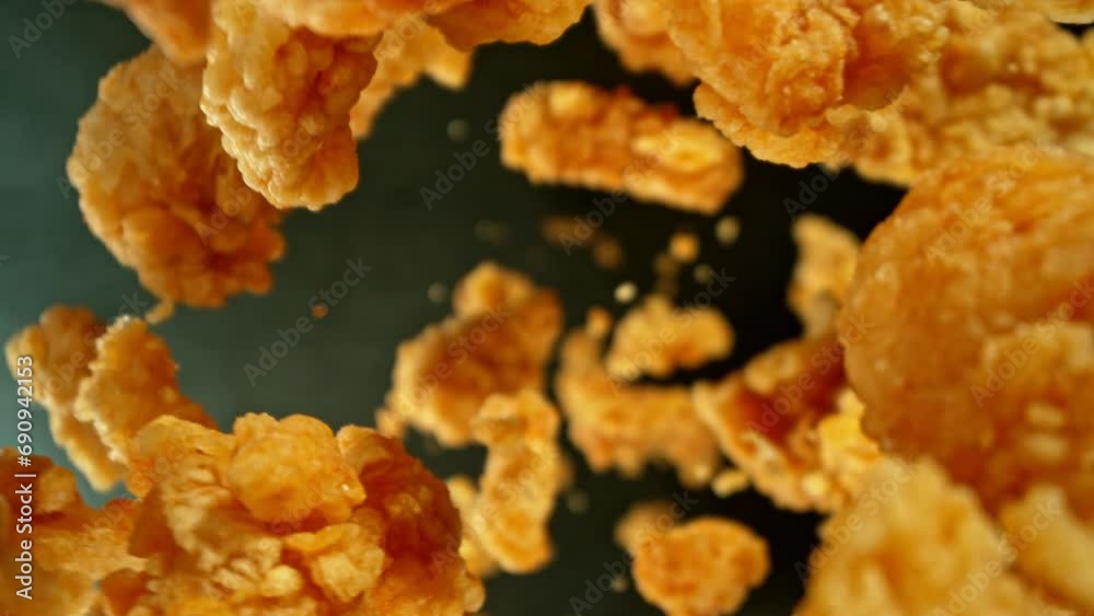 Poster super slow motion of flying fried chicken pieces on black background. camera makes rotation move. fi
