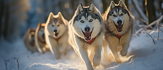 A quartet of husky sled dogs sprinting along a snow-covered backcountry path. Sledding over the...