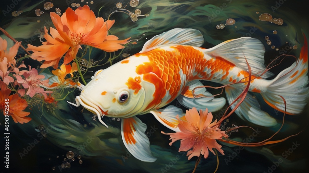 Wall mural An enchanting underwater portrait of a koi fish with emerald green and vibrant orange scales, gracefully navigating its pristine white environment. - Wall murals