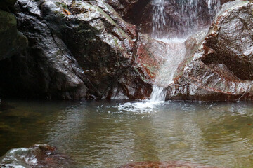 Waterfall in the forest with rocks and plants in the background.