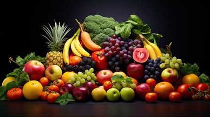 Assorted fresh fruits and vegetables on a dark background, showcasing a variety of colors and textures. Healthy food concept.