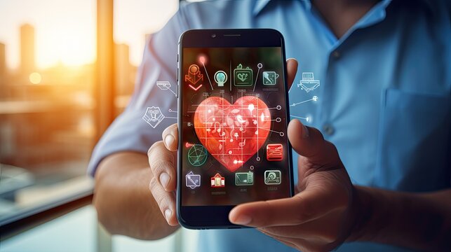 Person holding smartphone with heart and app icons on screen, concept for online dating and love technology.