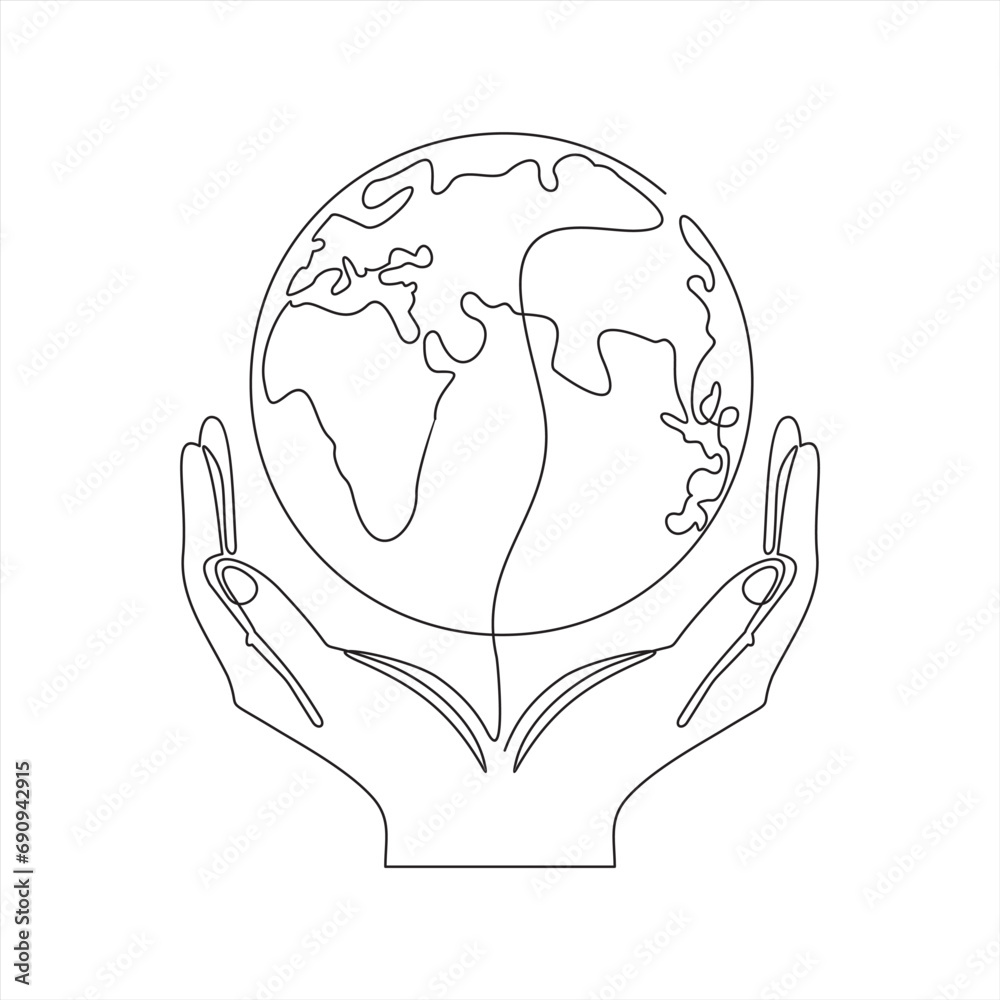 Wall mural Single one-line drawing of two hands protecting the preservation of the earth. Earth day concept. continuous line draw design graphic vector illustration