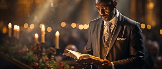 Praying in church with a Bible on a podium is done by an experienced pastor..