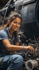 Working on a helicopter in the hangar is a female aero engineer.. - obrazy, fototapety, plakaty