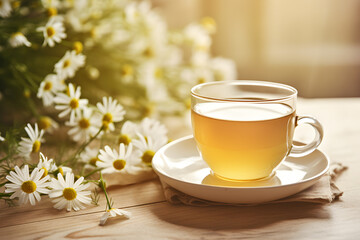 Chamomile Tea in glass and chamomile on wooden table with sunlight.