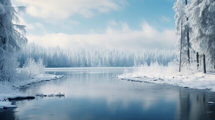  a frozen, serene lake framed by snow-covered trees, evoking a sense of calm and natural beauty.