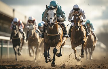 On the home straight, race horses with jockeys. - obrazy, fototapety, plakaty