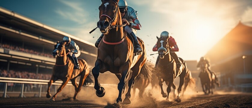 On the home straight, race horses with jockeys.