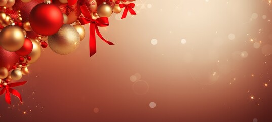 red and gold christmas background with balls and ribbon
