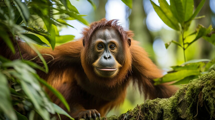 Sumatran Orangutan Swinging Through Trees: Capturing the agile movement of a Sumatran orangutan swinging effortlessly through the dense jungle.