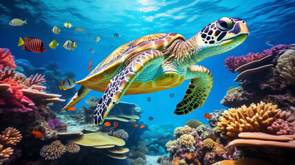 Fototapeta na wymiar Hawksbill Turtle Gliding Through Coral Reefs: A hawksbill turtle gracefully gliding through vibrant coral reefs, symbolizing the delicate balance of marine ecosystems.