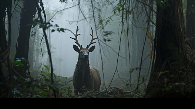 Saola, the Asian Unicorn, in Misty Forest: A mystical image of the rare Saola, often referred to as the "Asian unicorn," navigating through a misty forest.