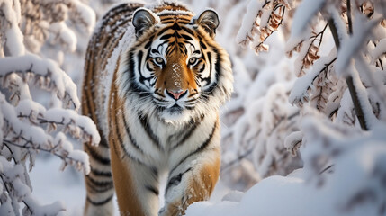 Amur Tiger in Winter Wonderland: An Amur tiger navigating a snowy landscape, illustrating the adaptability of these majestic creatures. - obrazy, fototapety, plakaty