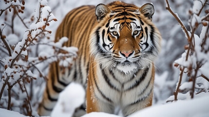 Obraz premium Amur Tiger in Winter Wonderland: An Amur tiger navigating a snowy landscape, illustrating the adaptability of these majestic creatures.