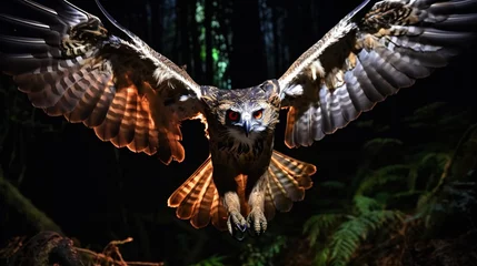 Rolgordijnen Philippine Eagle Owl in Night Hunt: A Philippine eagle owl captured mid-flight during a nocturnal hunting expedition. © Наталья Евтехова