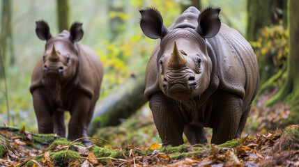 Javan Rhino Calf with Mother: An adorable Javan rhinoceros calf staying close to its mother, highlighting the significance of family bonds.