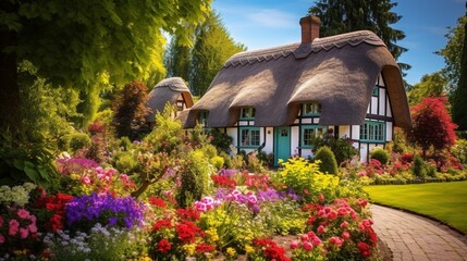 Fototapeta na wymiar a quaint cottage with a thatched roof surrounded by colorful flowerbeds, a storybook scene in the heart of spring.
