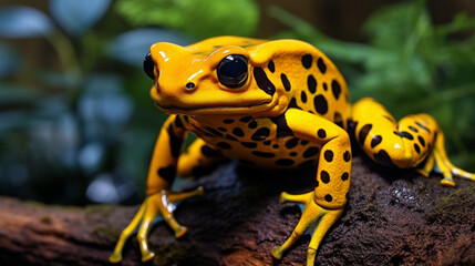 Fototapeta premium Golden Poison Dart Frog in Rainforest: A vibrant golden poison dart frog amidst the lush colors of a tropical rainforest.